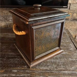 Vintage Wood Pfaltzgraff Storage Box, Metal Hole Punch Ice Box Front, Wood Lid